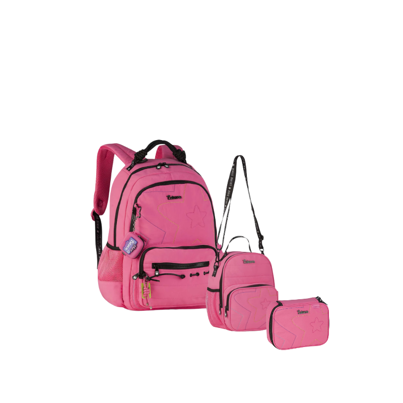 Mochila Luluca Com Lancheira E Estojo Kit Escolar Rosa