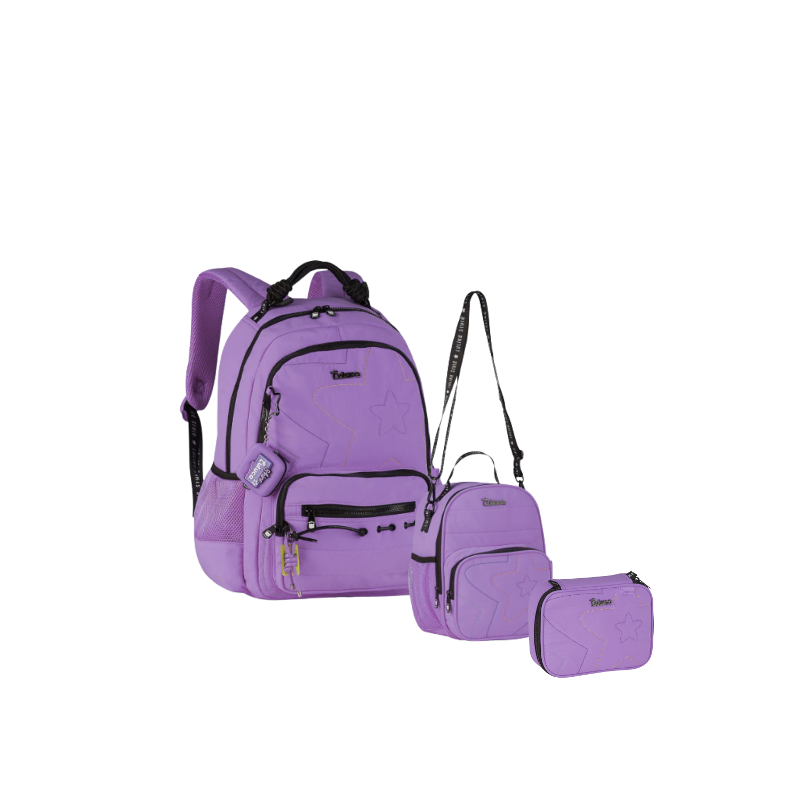 Mochila Luluca Com Lancheira E Estojo Kit Escolar Roxa